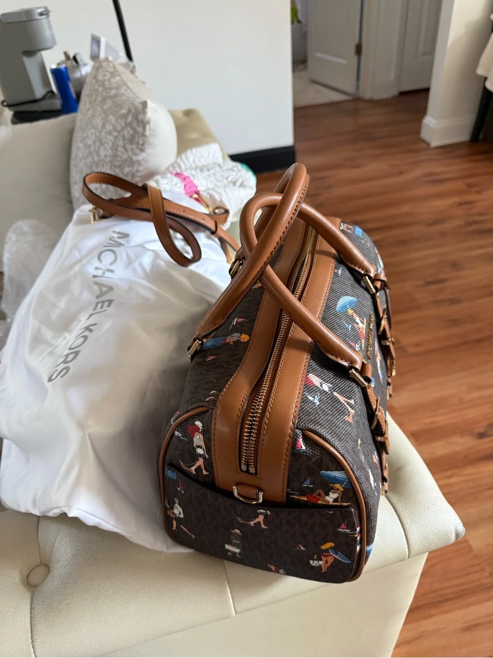 Michael Kors Brown Monogram Duffel with Beach-Print